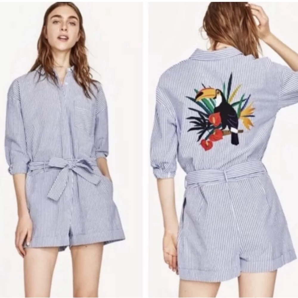 Zara S Seersucker Jumper Toucan Bird Stripes Romper
